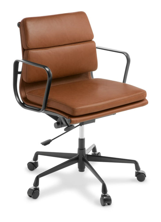 Clearance Eames Replica Soft Pad Mid Back Tan Leather Chair - Black Frame